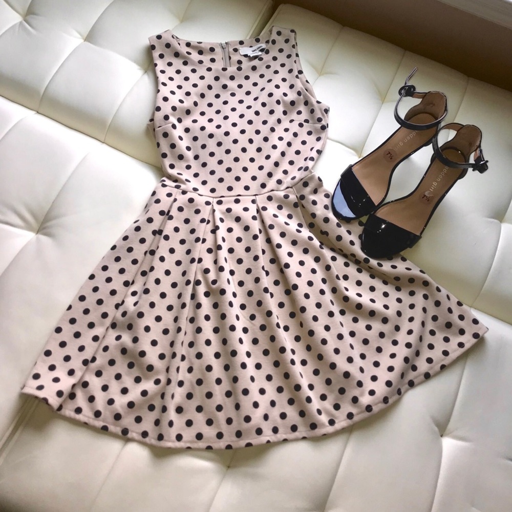 Nude and black polka dot skater dress